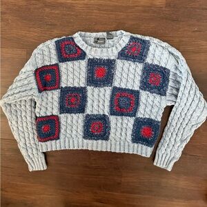 Liz Wear Petite Vintage Y2K Granny‎ Square Cable Knit Cropped Sweater